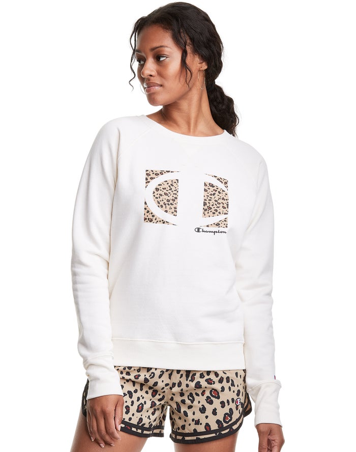 Champion Sweatshirt Dames - Wit - Powerblend Fleece Crew Leopard Colorblock Logo ( 598473-NCR )